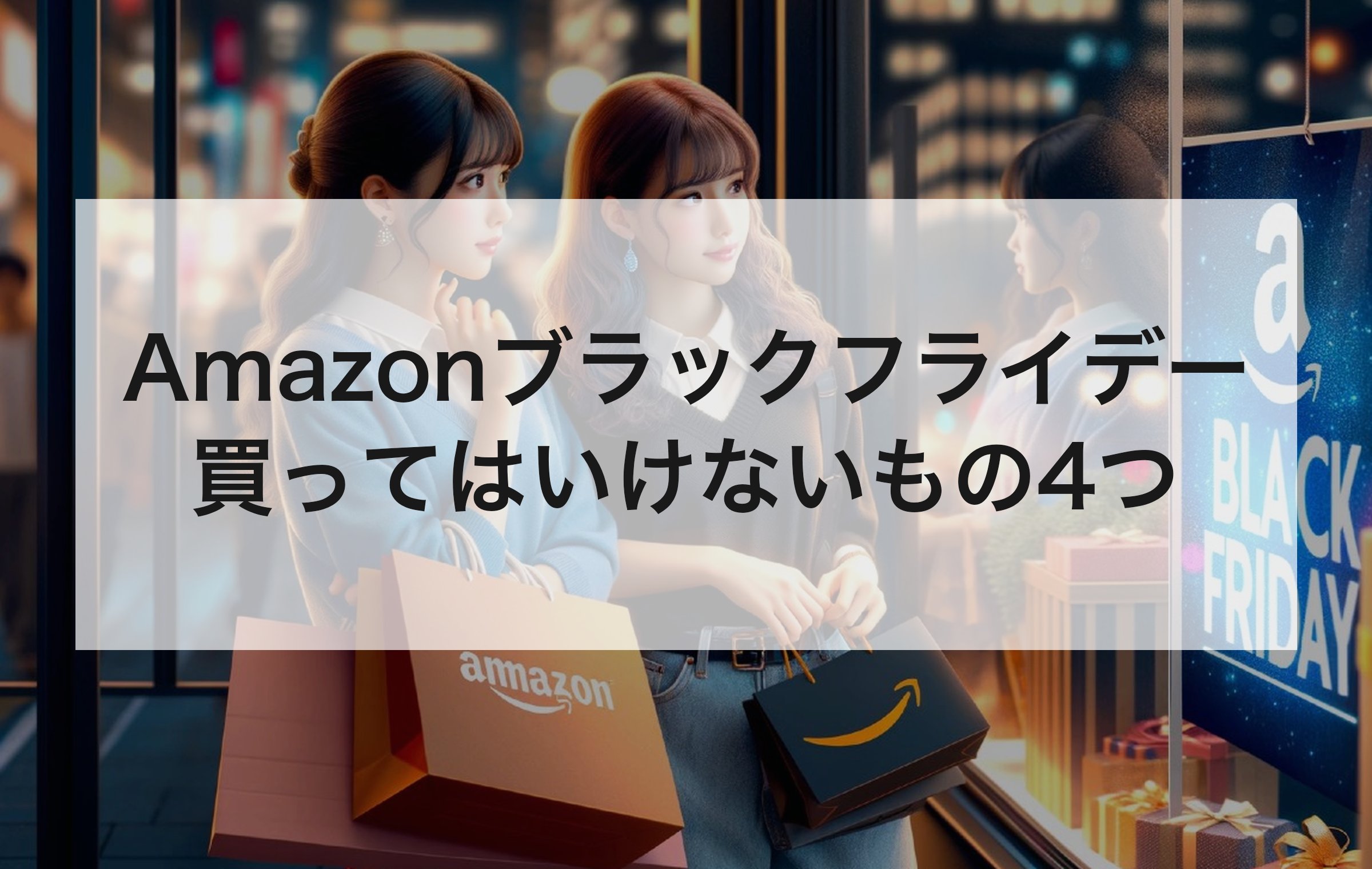 紙袋を持って考え込む女性2人とBLACK FRIDAYの看板。7年のセールで僕が買って後悔した物を4つの型に分けて紹介する章の扉絵