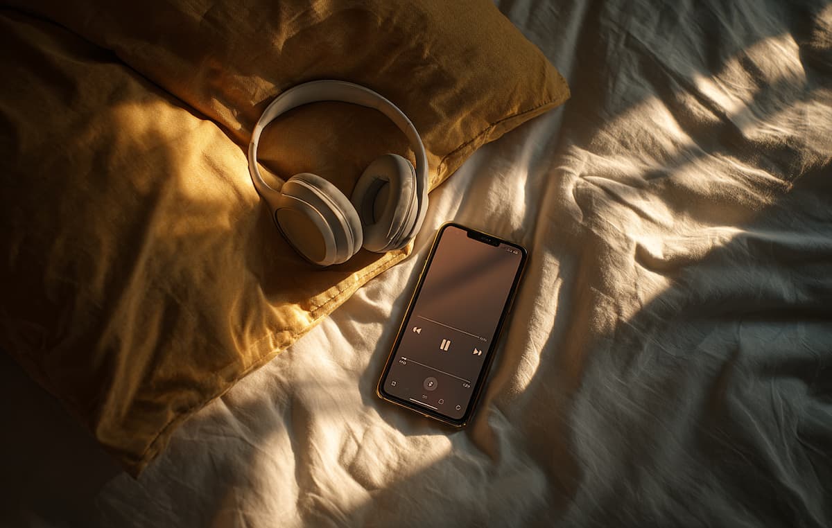 ベッドに置かれたiPhone 15Proとヘッドホン