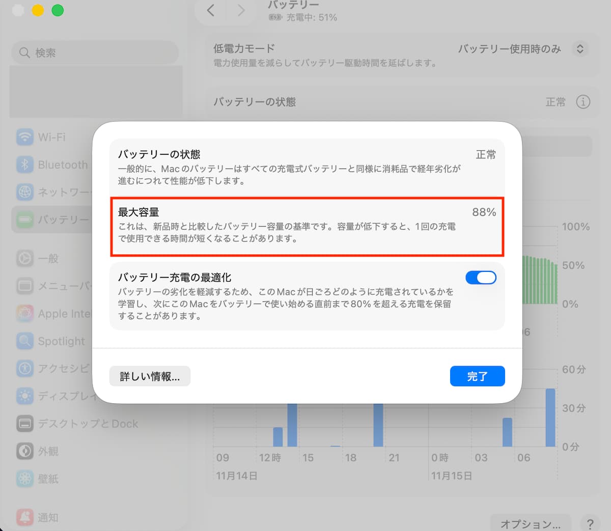 MacBook Air M2のバッテリー最大容量88%のシステム設定画面