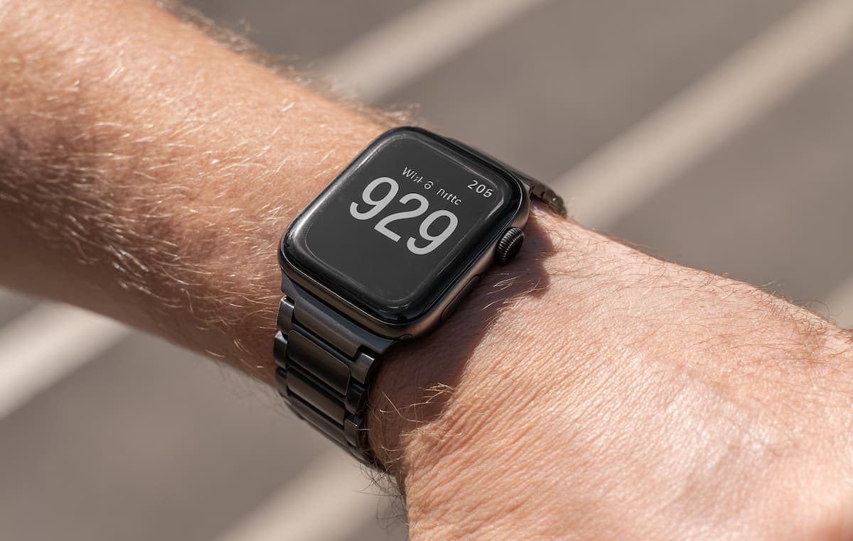 Apple Watchをファッションのアクセントとしておしゃれに身に着け、流行に敏感な印象を与える男性の手元。