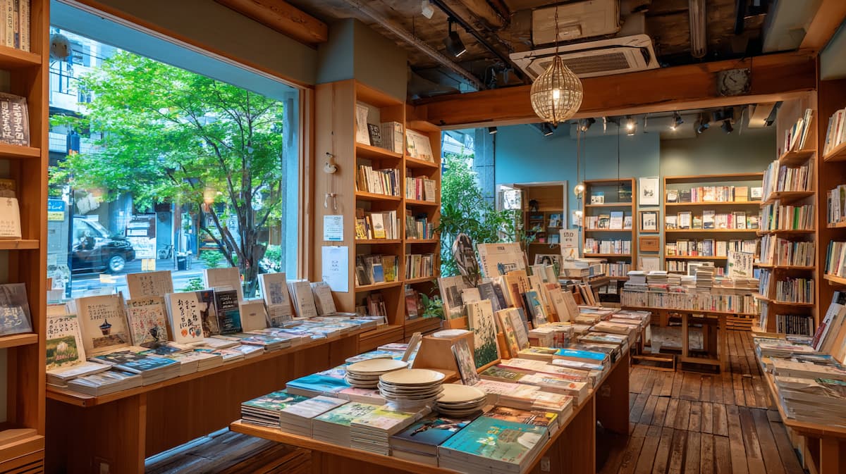 大きな窓から緑が見える、木製の棚とテーブルに本が並ぶ落ち着いた雰囲気の書店内観
