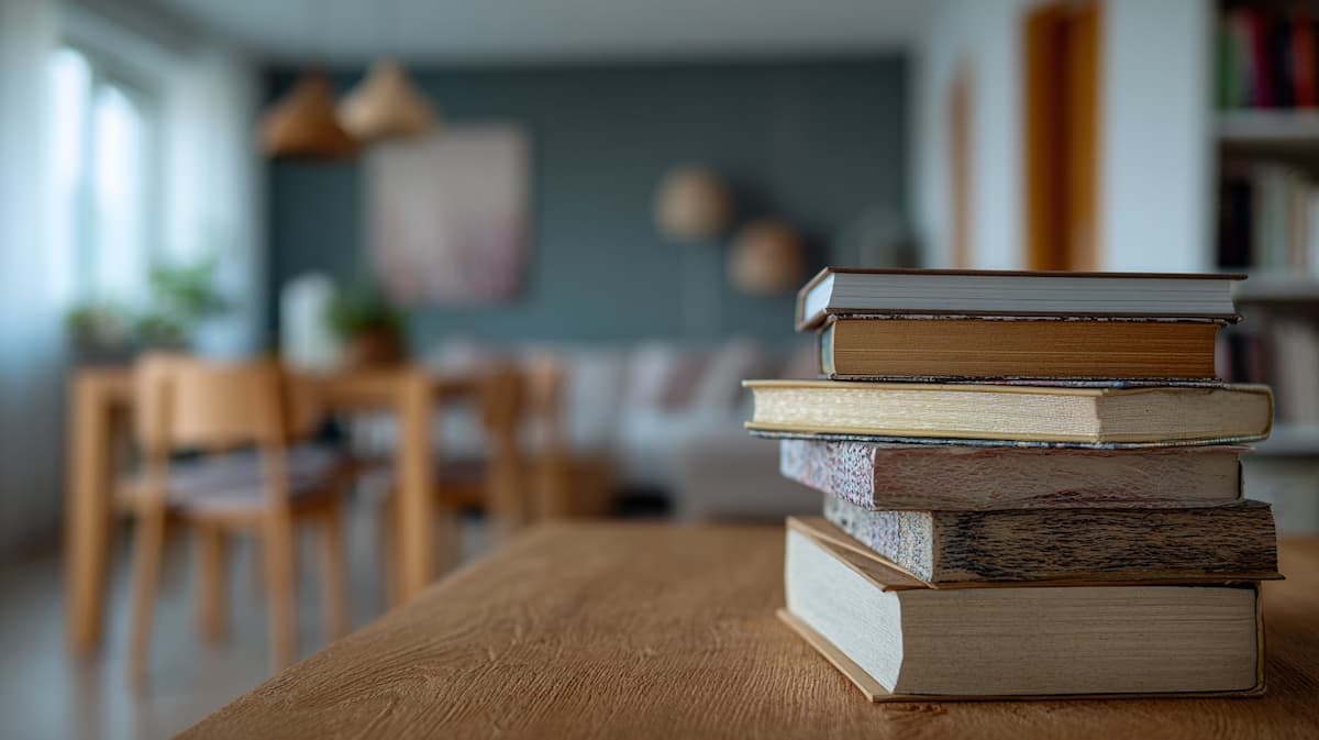 木製テーブルの上に重ねられた本と、奥にダイニングとソファが見える落ち着いたリビング空間のイメージ