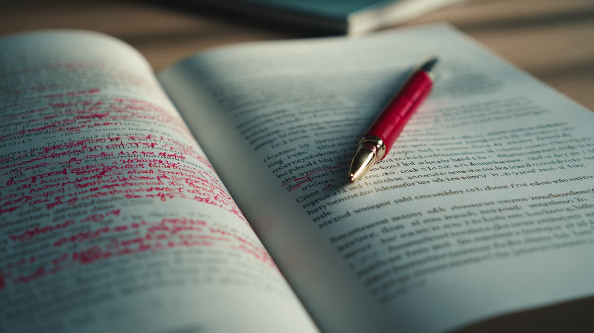 書き込みやマーカーで読み込まれた本と赤いペン