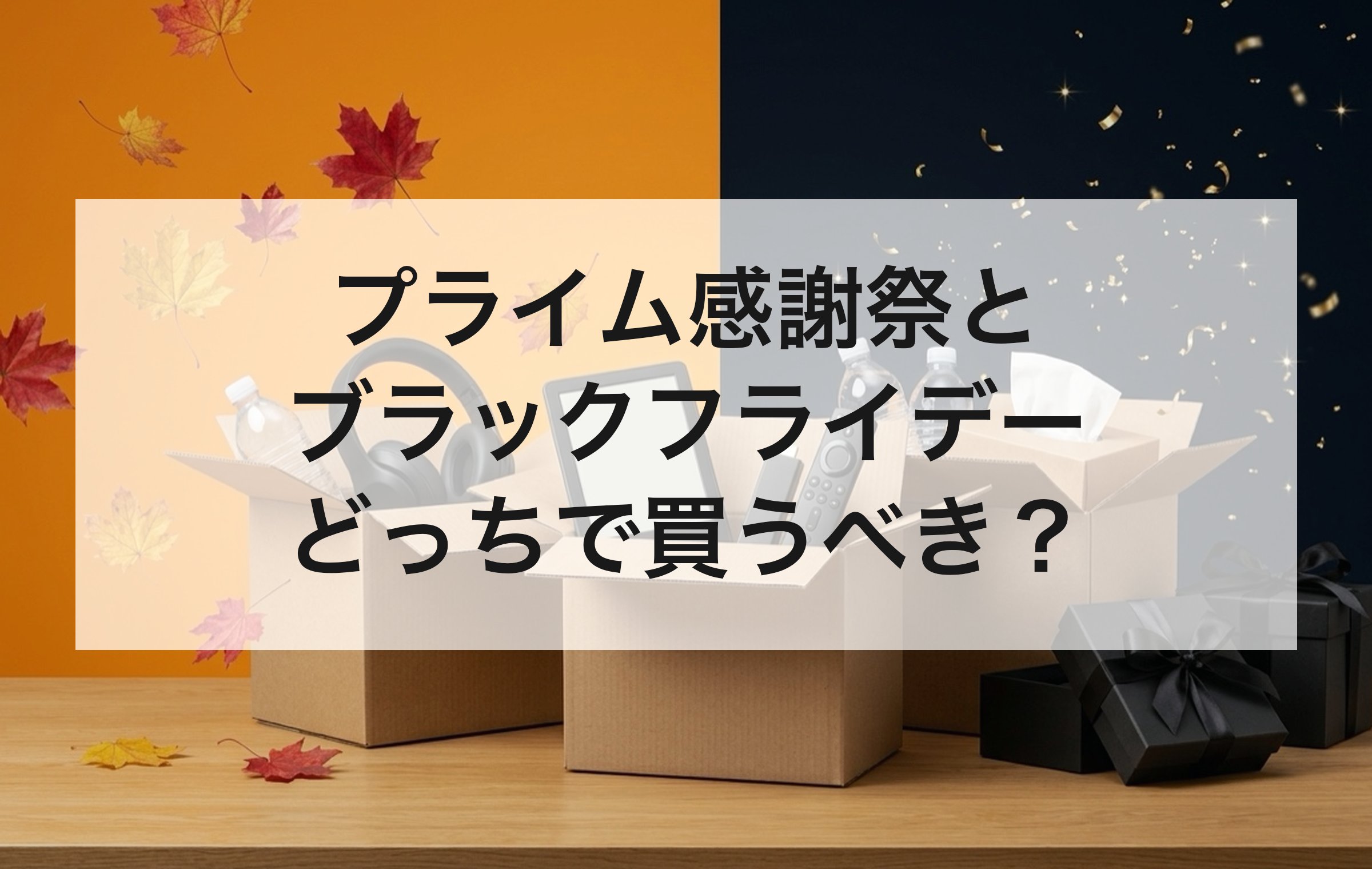 配送箱からあふれるヘッドホンや飲料と黒いギフト箱。同じ値段の物は10月に、オーディオやガジェットは11月に買うと分けやすい