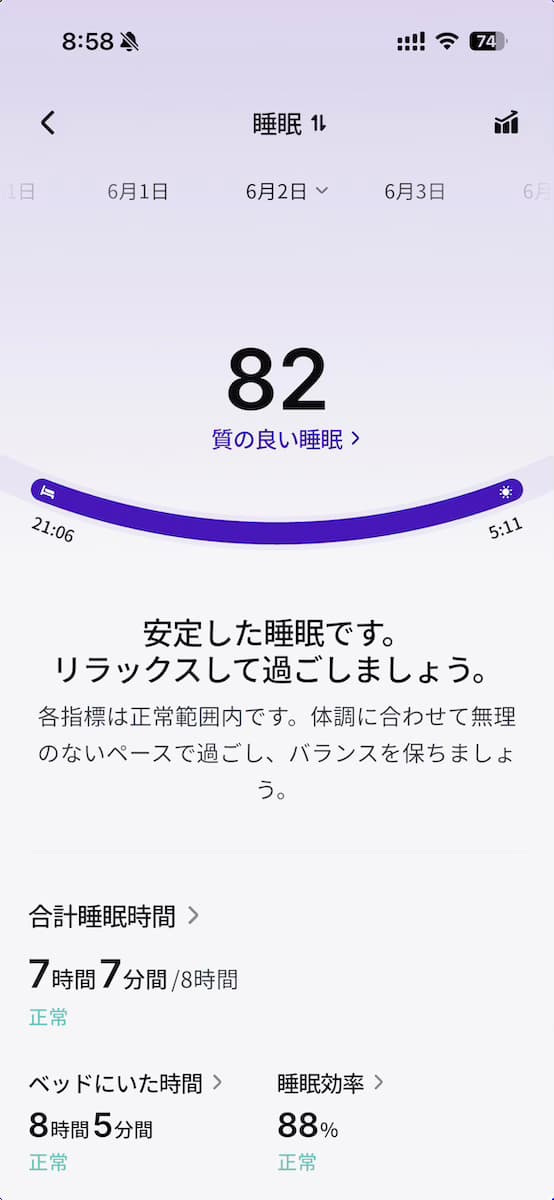 RingConn Gen 3の睡眠の質表示画面